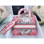 DIOR MEDIUM LADY D-LITE BAG Red and White D-Royaume d'Amour Embroidery