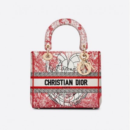 DIOR MEDIUM LADY D-LITE BAG Red and White D-Royaume d'Amour Embroidery