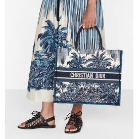 DIOR LARGE BOOK TOTE Blue Palm Tree Toile de Jouy Embroidery