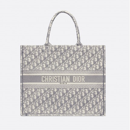 DIOR LARGE BOOK TOTE Gray Dior Oblique Embroidery
