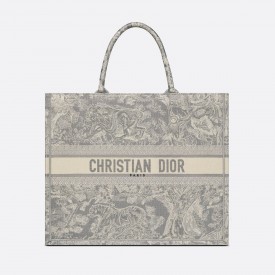 DIOR LARGE BOOK TOTE Gray Toile de Jouy Reverse Embroidery 