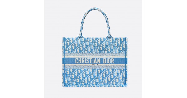 Dior Women Small Dior Book Tote Cornflower Blue Dior Oblique Embroidery