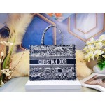 DIOR MEDIUM BOOK TOTE Navy Blue Toile de Jouy Stripes Embroidery