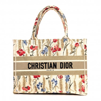 DIOR MEDIUM BOOK TOTE Beige Multicolor Hibiscus Printed Embroidery