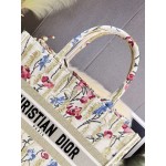 DIOR MEDIUM BOOK TOTE Beige Multicolor Hibiscus Printed Embroidery